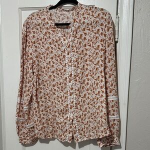 Floral Button-Up Blouse - White and Brown